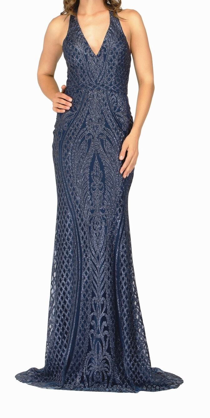 Abby Paris 90011 Formal midnight blue Glitter Gown 8 halter open back NWT $269